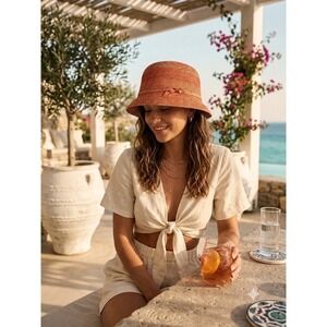 Vintage Lady Rachel Straw Cloche Hat Made in Italy Woven Bucket Hat Bow Accent